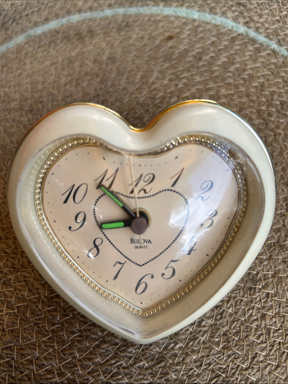 Bulova Heart-Shaped Cream and Gold Bedside Clock